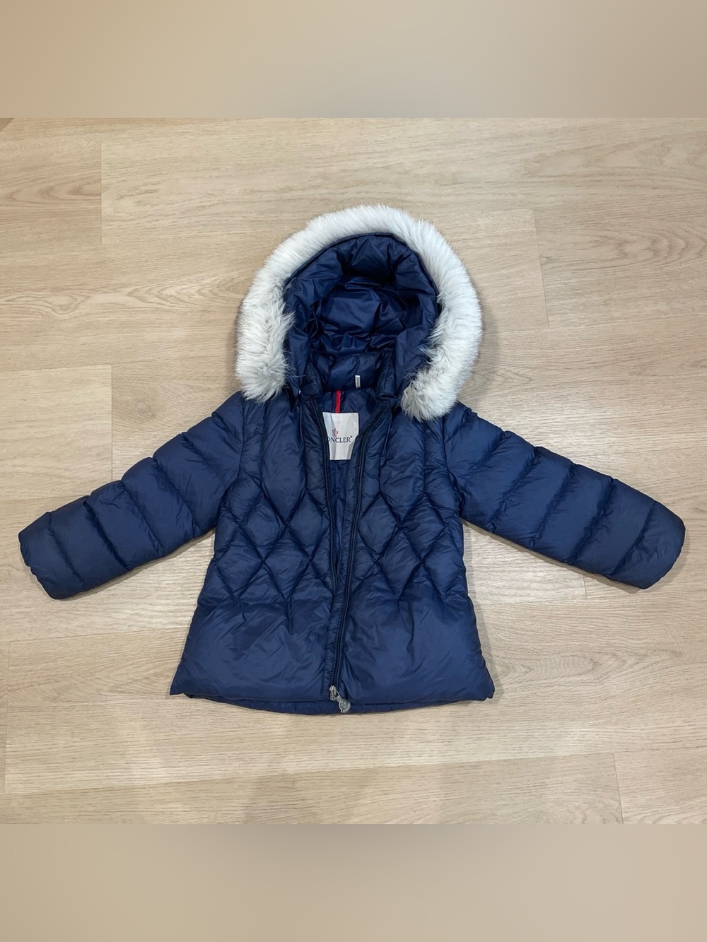 Moncler Navy Quilted Hooded Puffer with Faux Fur Trim - Picture 5 of 5